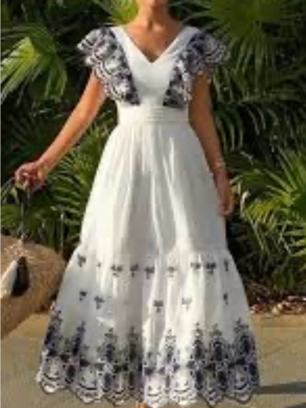 Source Unknown White Midi Dress with Black Embroidery